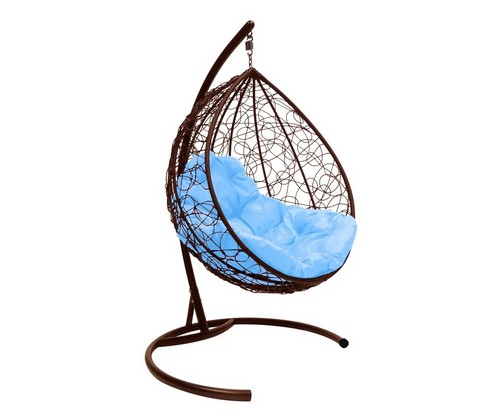 Кресло подвесное кокон Капля ротанг (коричневое с голубой подушкой)