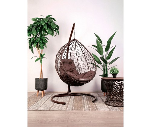 Кресло подвесное кокон Капля ротанг (коричневое с коричневой подушкой)