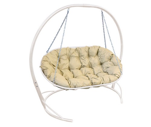 Подвесное кресло-диван Мамасан со стойкой (белое с бежевой подушкой)