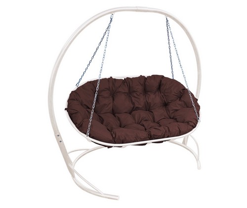 Подвесное кресло-диван Мамасан со стойкой (белое с коричневой подушкой)