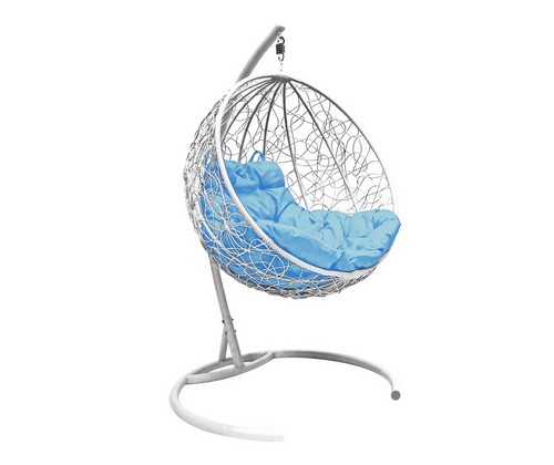 Подвесное кресло кокон Круглое Ротанг (белое с голубой подушкой)