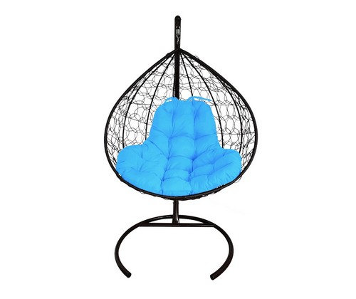Подвесное кресло кокон XL Ротанг (черное с голубой подушкой)