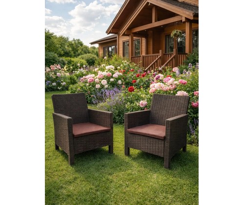 Комплект кресел садовых под ротанг 2 шт СадКо (темно-коричневый с коричневой подушкой)