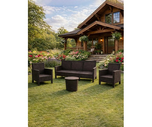 Комплект 2 садовых кресла, трехместный диван и столик под ротанг СадКо (темно-коричневый)