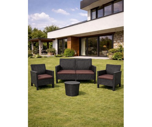 Комплект 2 садовых кресла, двухместный диван и столик под ротанг СадКо (темно-серый с коричневыми подушками)