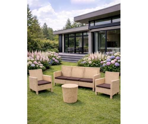 Комплект 2 садовых кресла, трехместный диван и столик под ротанг СадКо (бежевый с коричневыми подушками)